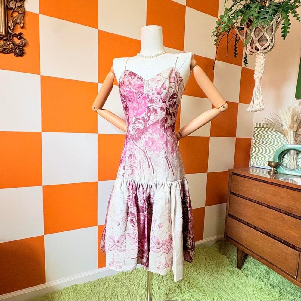 Y2K Vintage Pink and Beige Floral Print 100% Silk Drop Waist Mini Dress